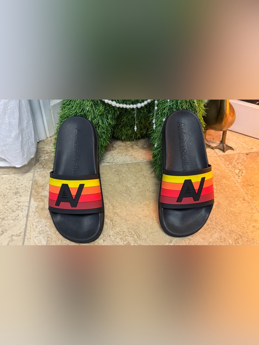 Aviator Nation Black Slides with Red-Orange-Yellow Stripe - Picture 8 of 8